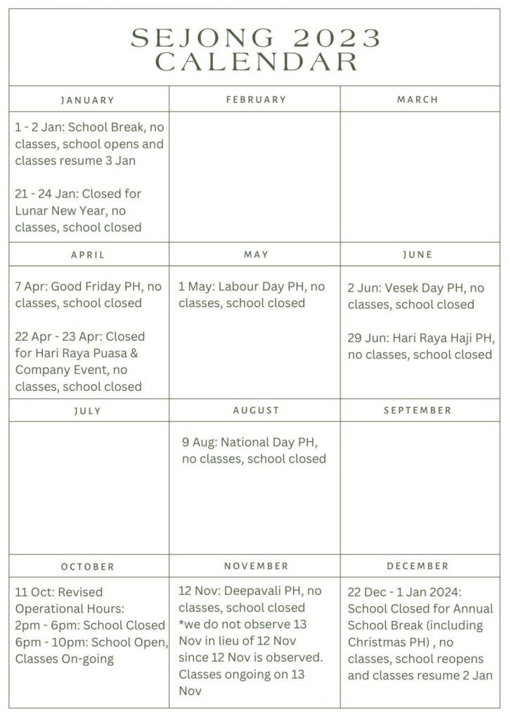 Sejong Annual Year Plan Sejong Korean Language School